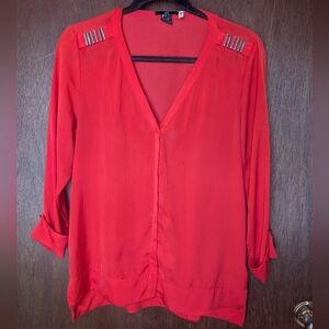 H&M Bold Red Blouse with Metallic Shoulder Accents